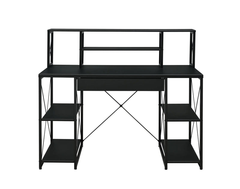 Black metal desk with shelves, industrial style, featuring a drawer and an open back for modern home offices.
