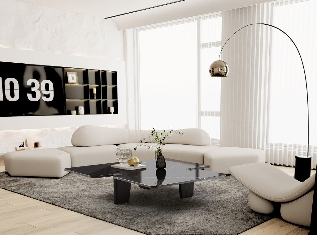47" Black Genuine Marble and Solid Wood Free Form Coffee Table - GreatEagleInc