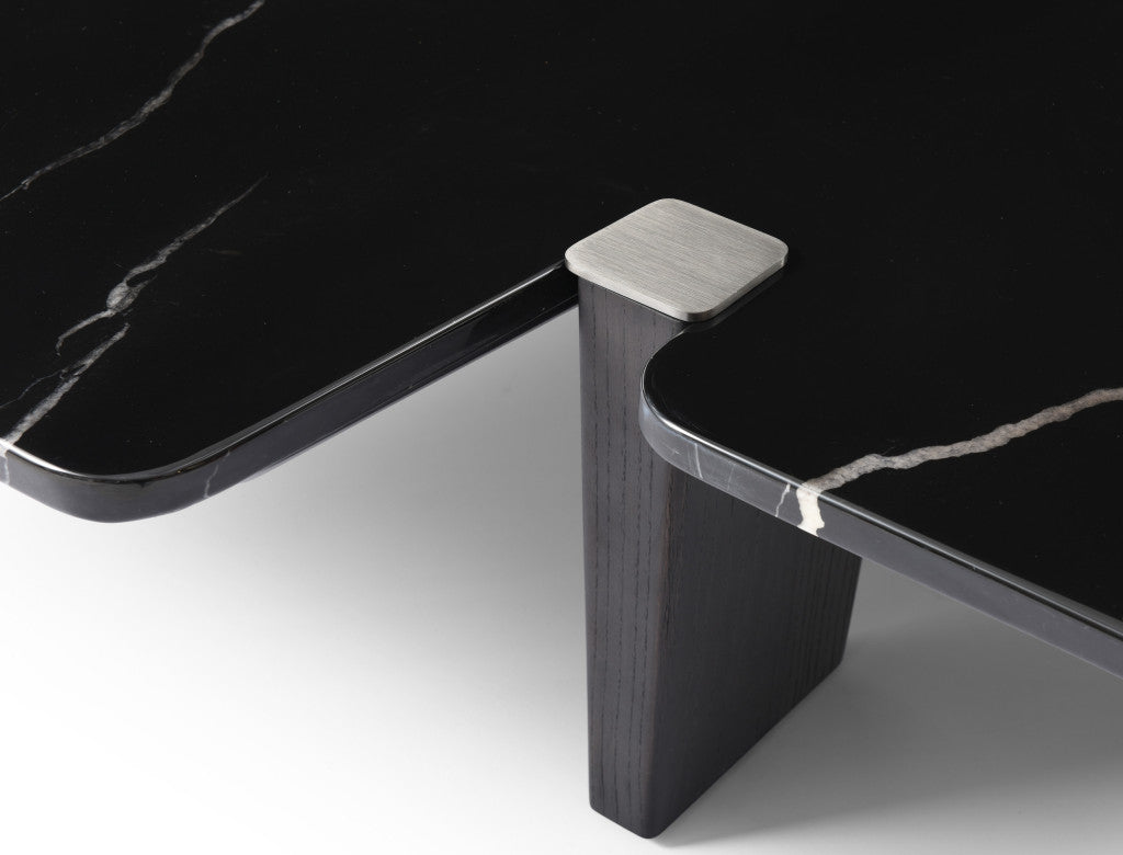 47" Black Genuine Marble and Solid Wood Free Form Coffee Table - GreatEagleInc