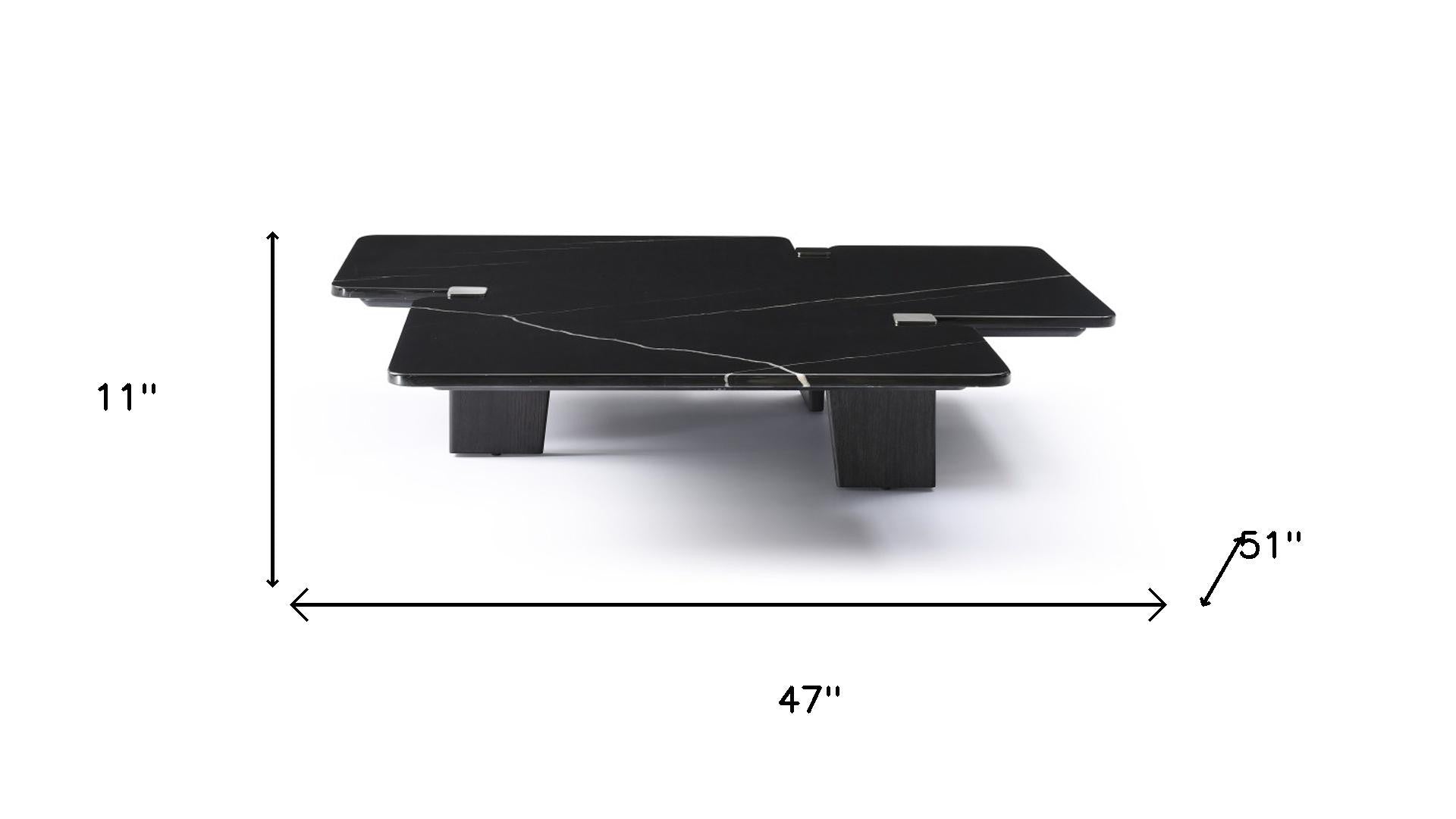 47" Black Genuine Marble and Solid Wood Free Form Coffee Table - GreatEagleInc