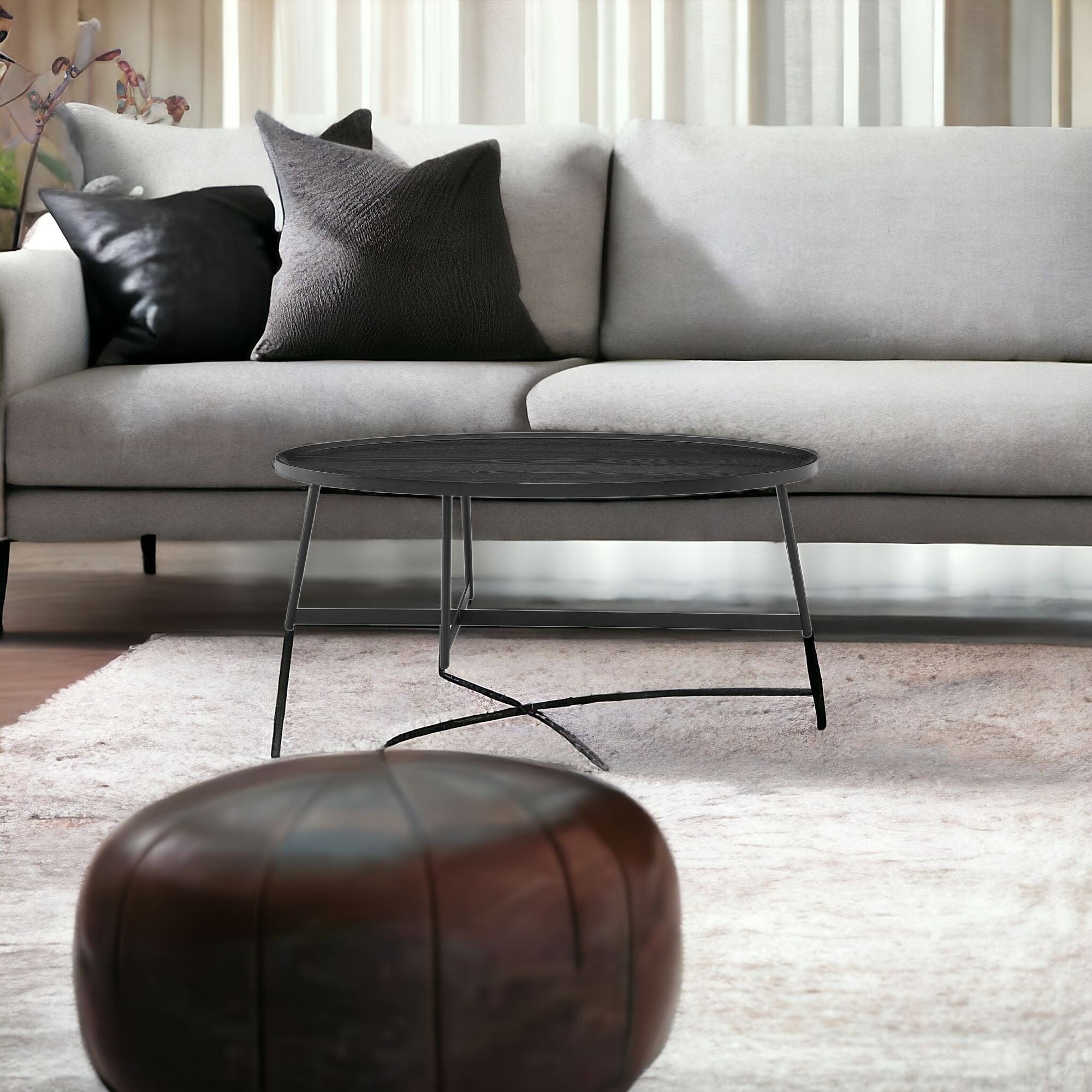 47" Black Wood And Metal Oval Frame Coffee Table - GreatEagleInc