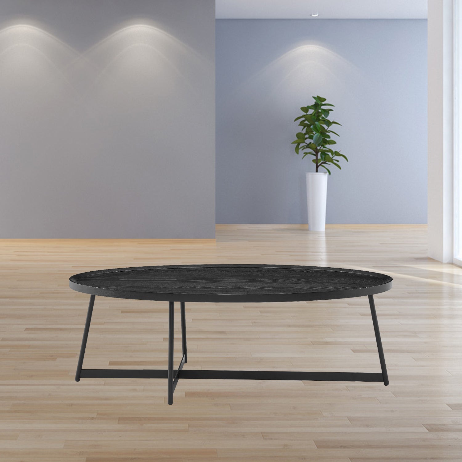47" Black Wood And Metal Oval Frame Coffee Table - GreatEagleInc