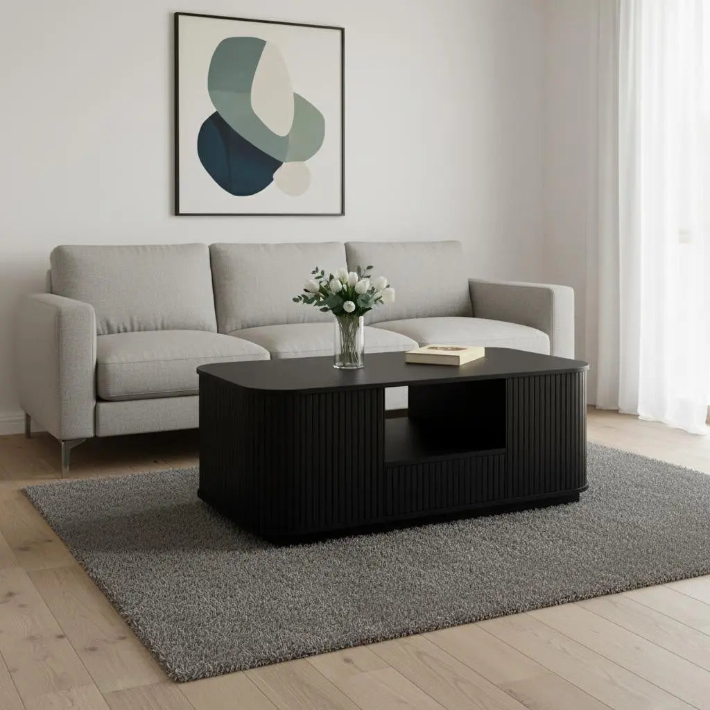 47" Black Wood Oval Block Coffee Table With Storage Homeroots Living Room