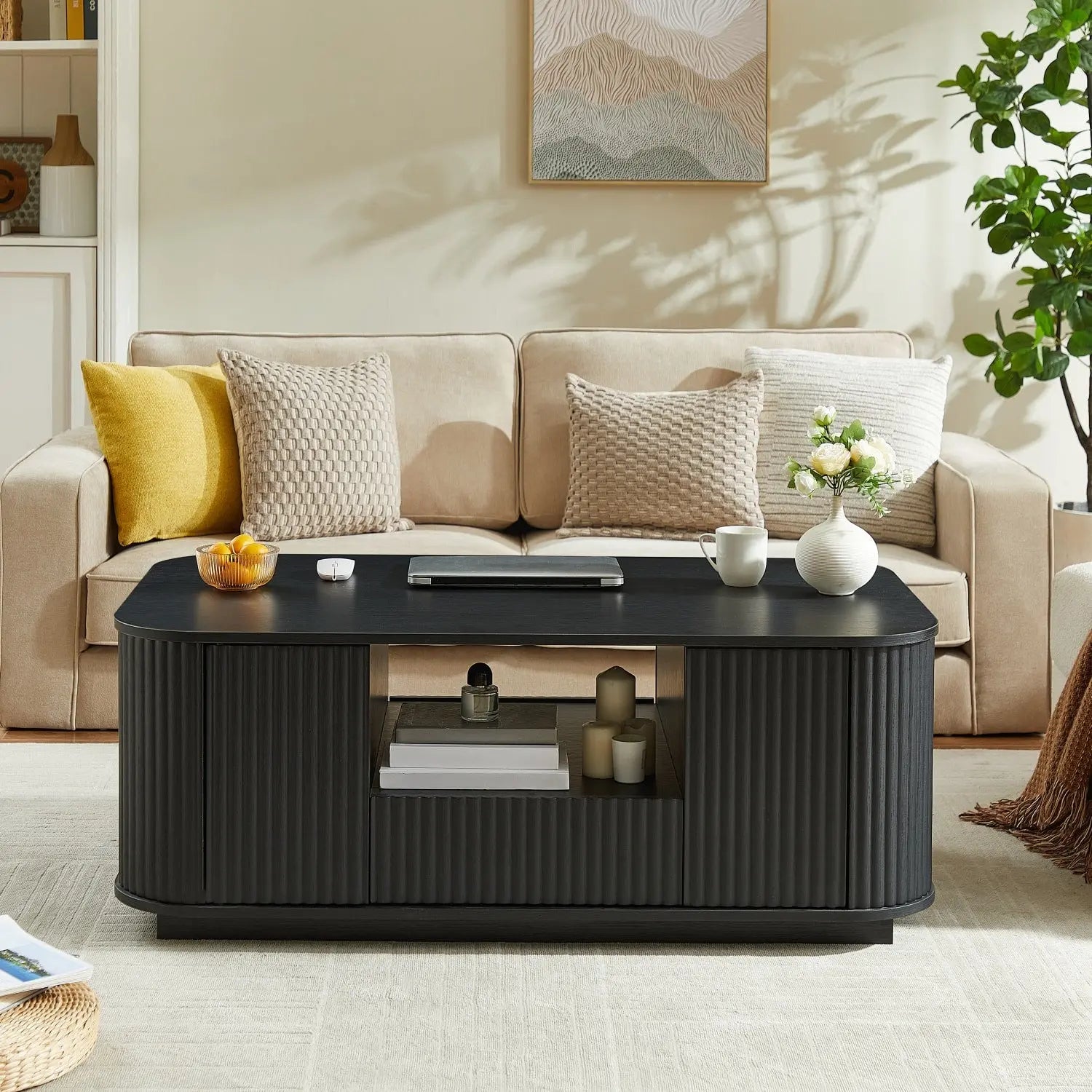 47" Black Wood Oval Block Coffee Table With Storage Homeroots Living Room