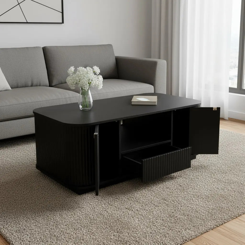 47" Black Wood Oval Block Coffee Table With Storage Homeroots Living Room