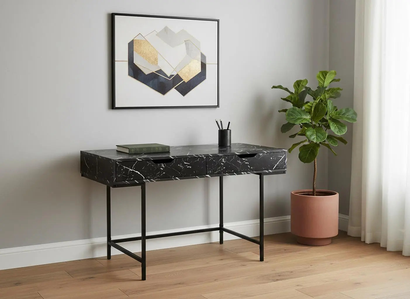 47" Black and White Wood and Metal H-Shape Computer Desk With Two Drawers Homeroots Office