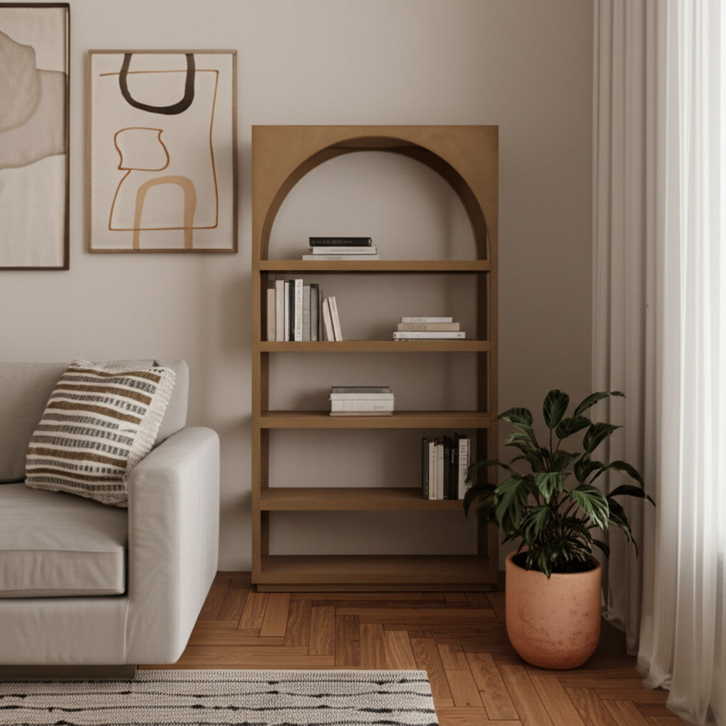 47" Brown Arched Solid Wood Five Tier Bookcase Homeroots Office