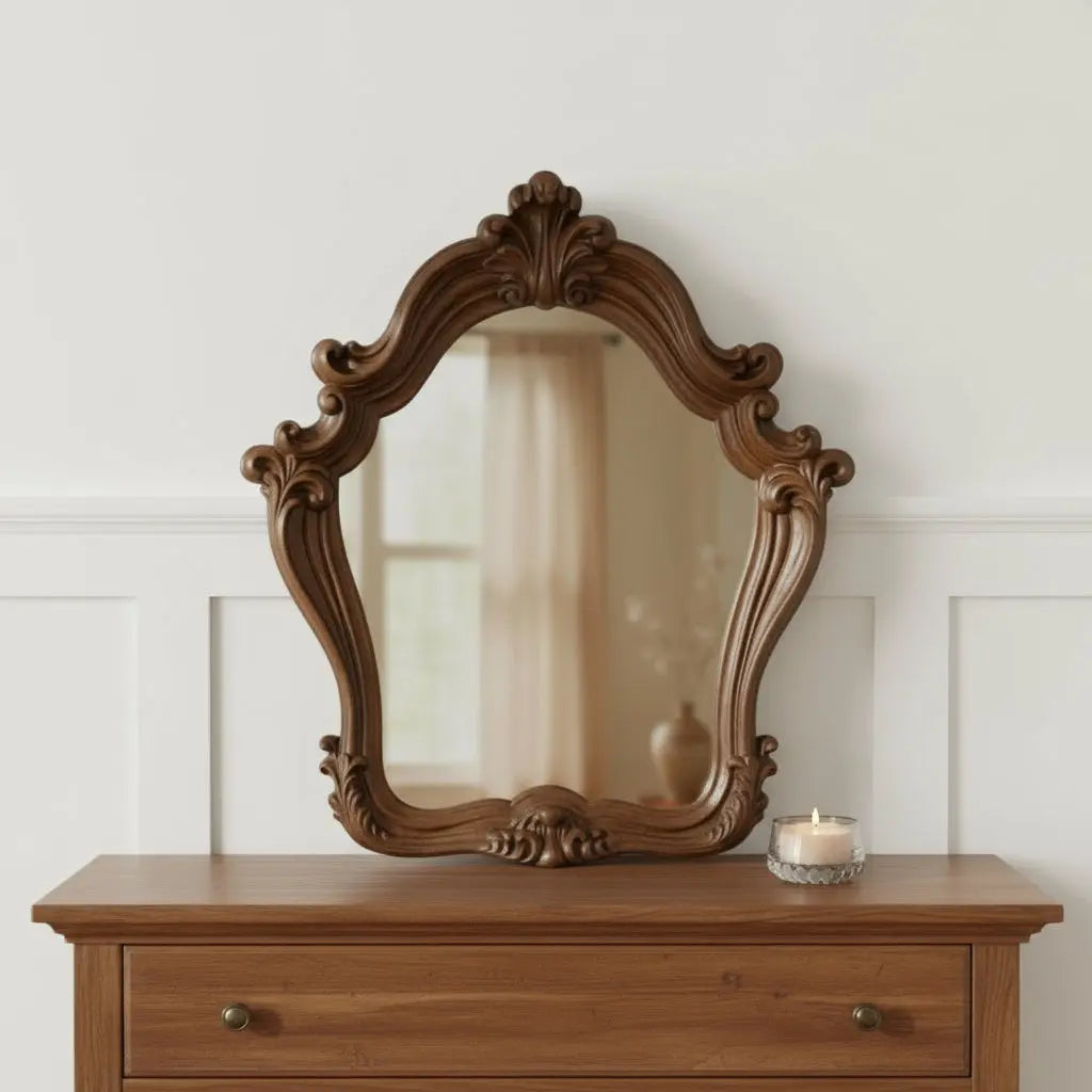 47" Brown Crowned Top Solid Wood Framed Mounted Dresser Mirror Homeroots Bed & Bath