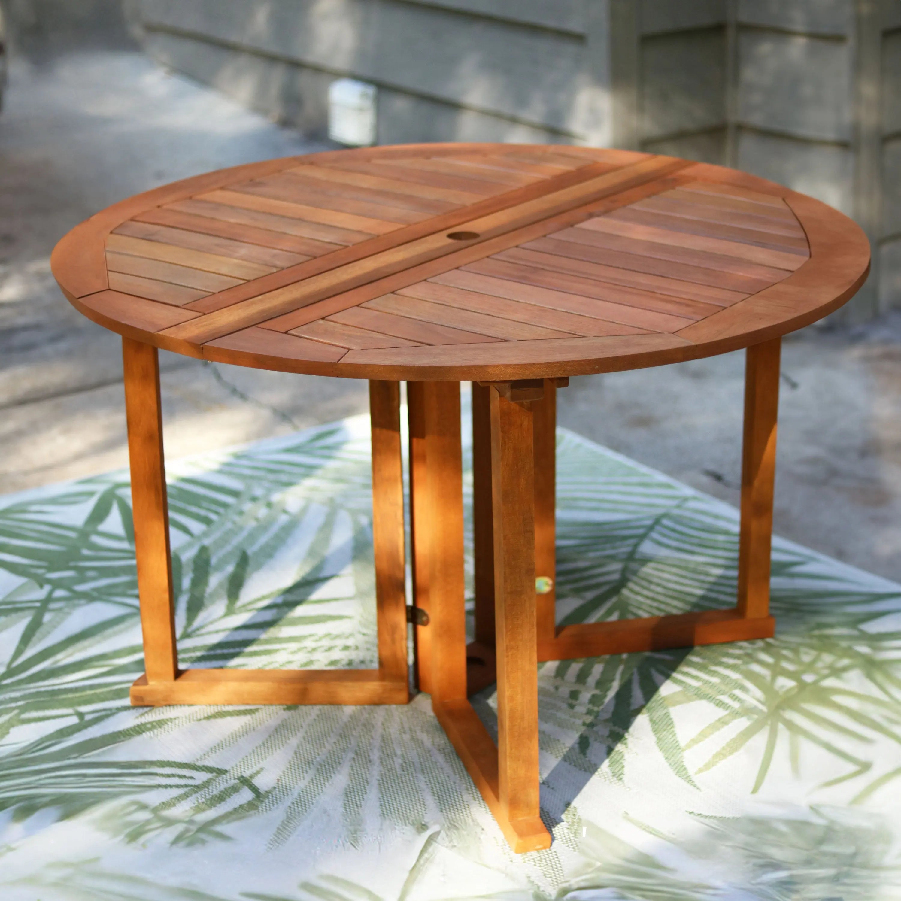 47" Brown Rounded Solid Wood Folding Outdoor Dining Table with Umbrella Hole Homeroots Outdoor