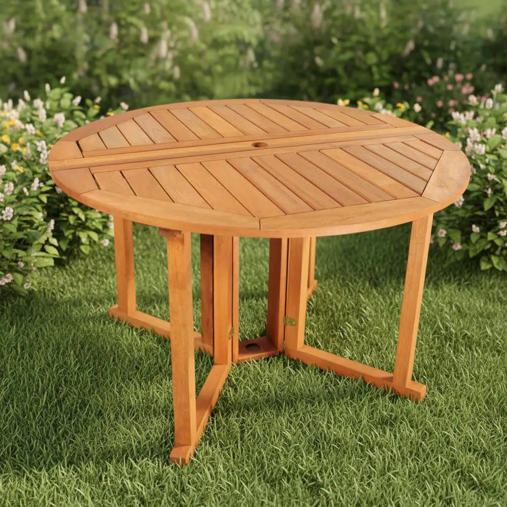 47" Brown Rounded Solid Wood Folding Outdoor Dining Table with Umbrella Hole Homeroots Outdoor