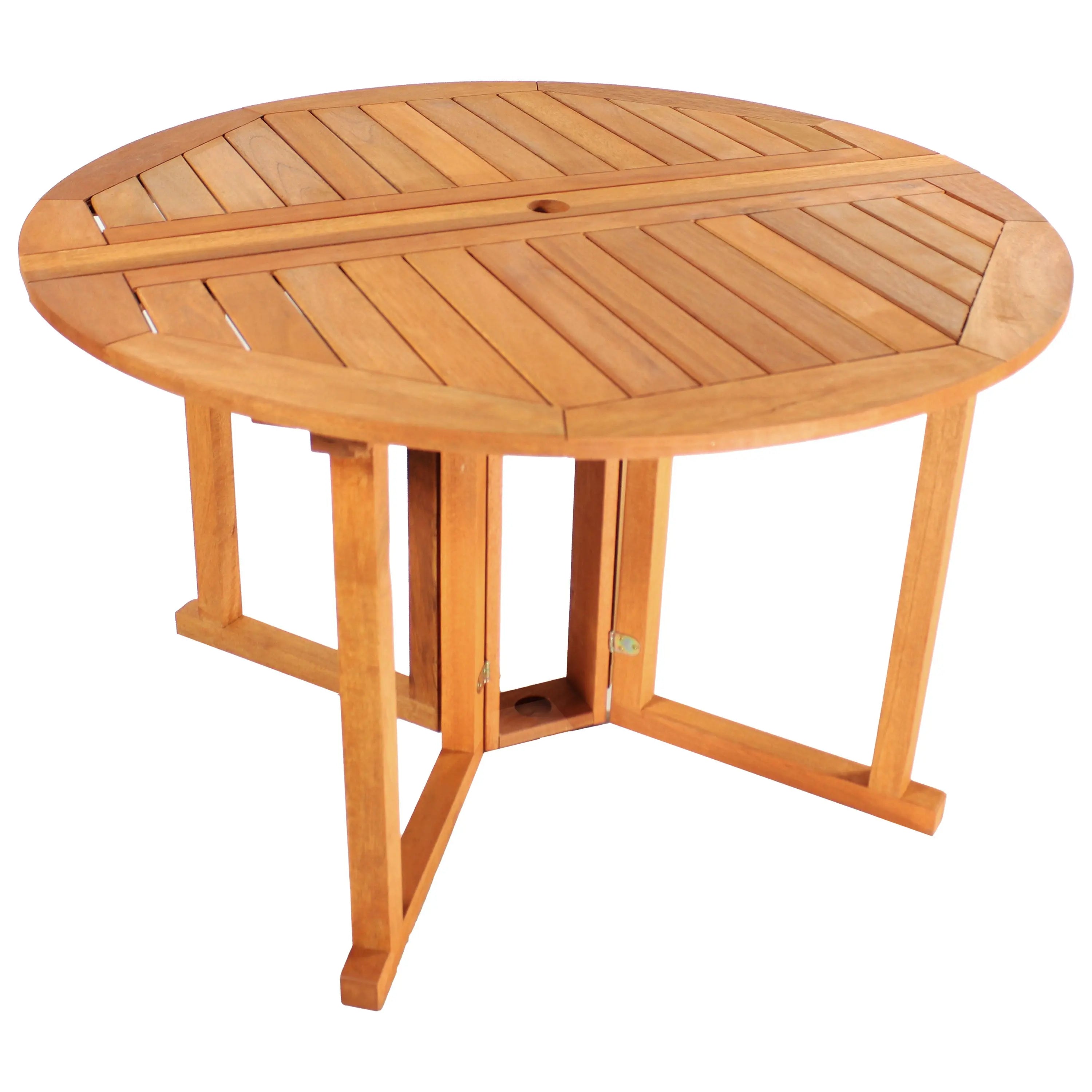 47" Brown Rounded Solid Wood Folding Outdoor Dining Table with Umbrella Hole Homeroots Outdoor