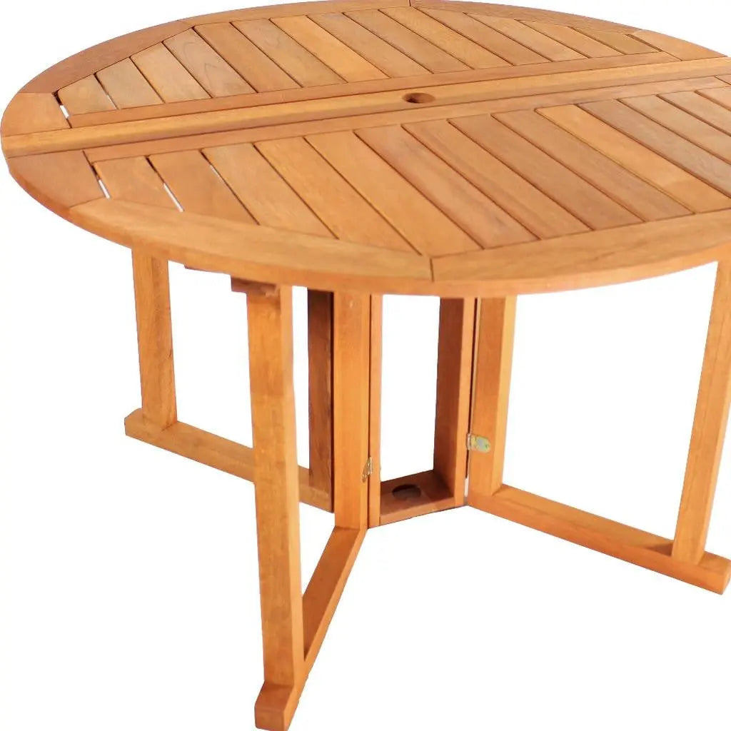 47" Brown Rounded Solid Wood Folding Outdoor Dining Table with Umbrella Hole Homeroots Outdoor