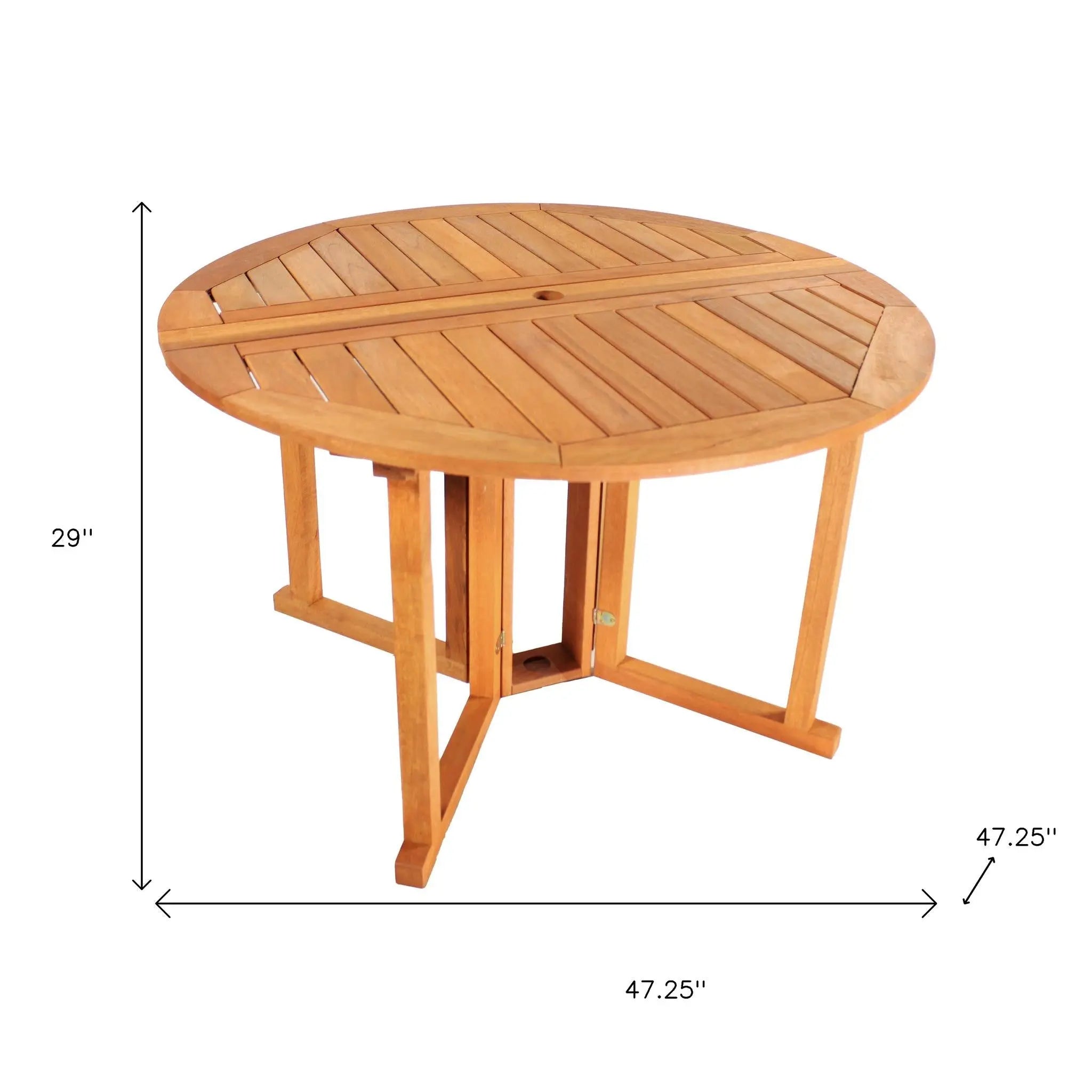 47" Brown Rounded Solid Wood Folding Outdoor Dining Table with Umbrella Hole Homeroots Outdoor