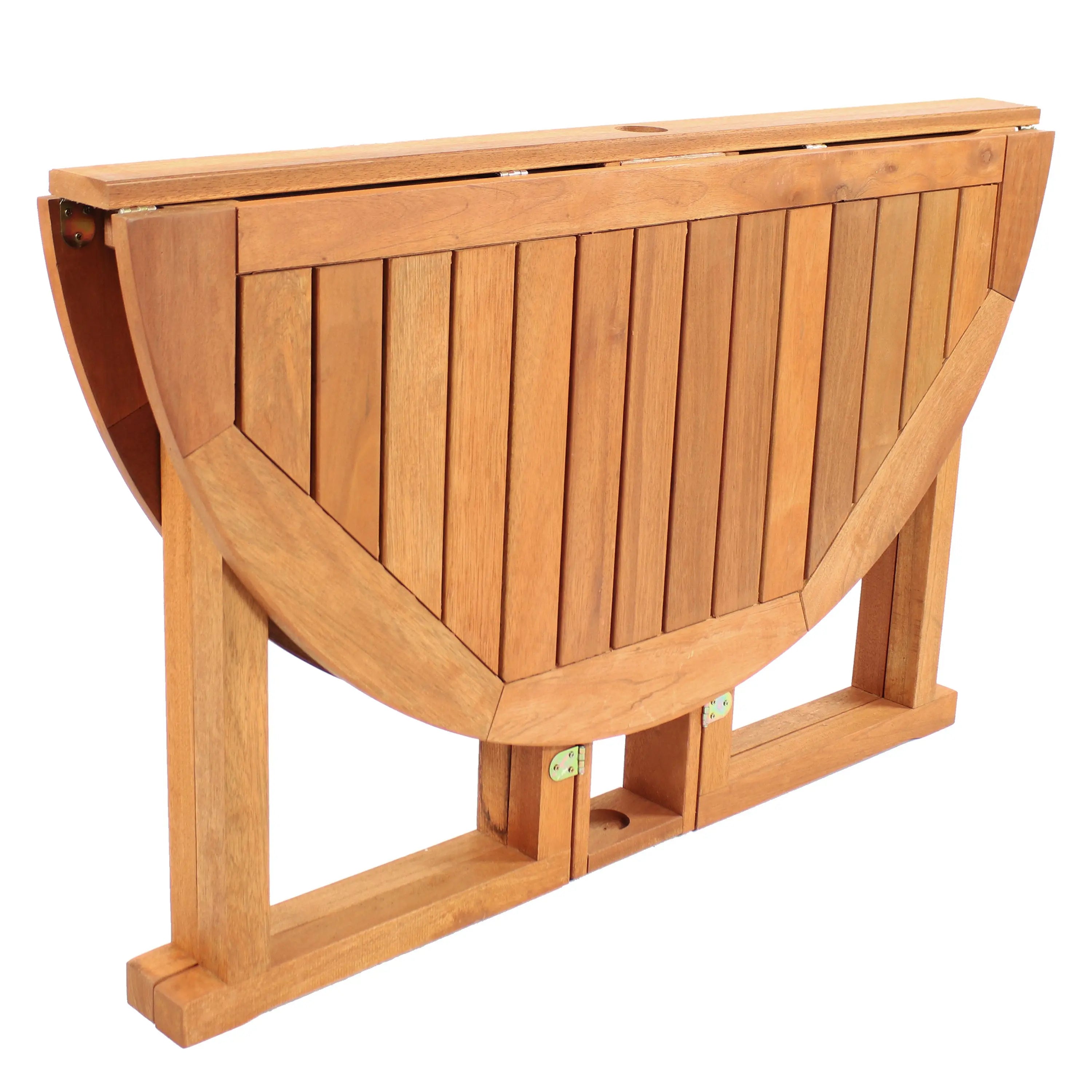 47" Brown Rounded Solid Wood Folding Outdoor Dining Table with Umbrella Hole Homeroots Outdoor