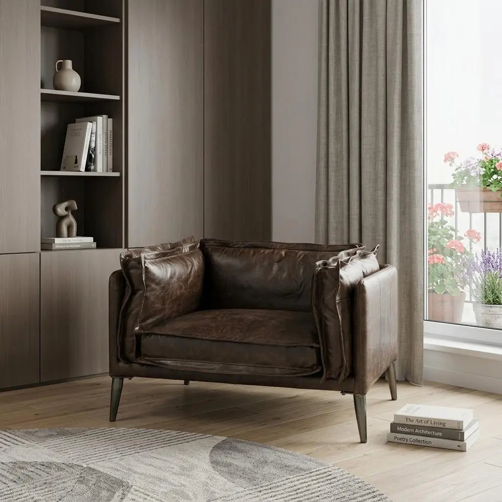 47" Brown and Black Top Grain Leather Chair and a Half Homeroots Living Room