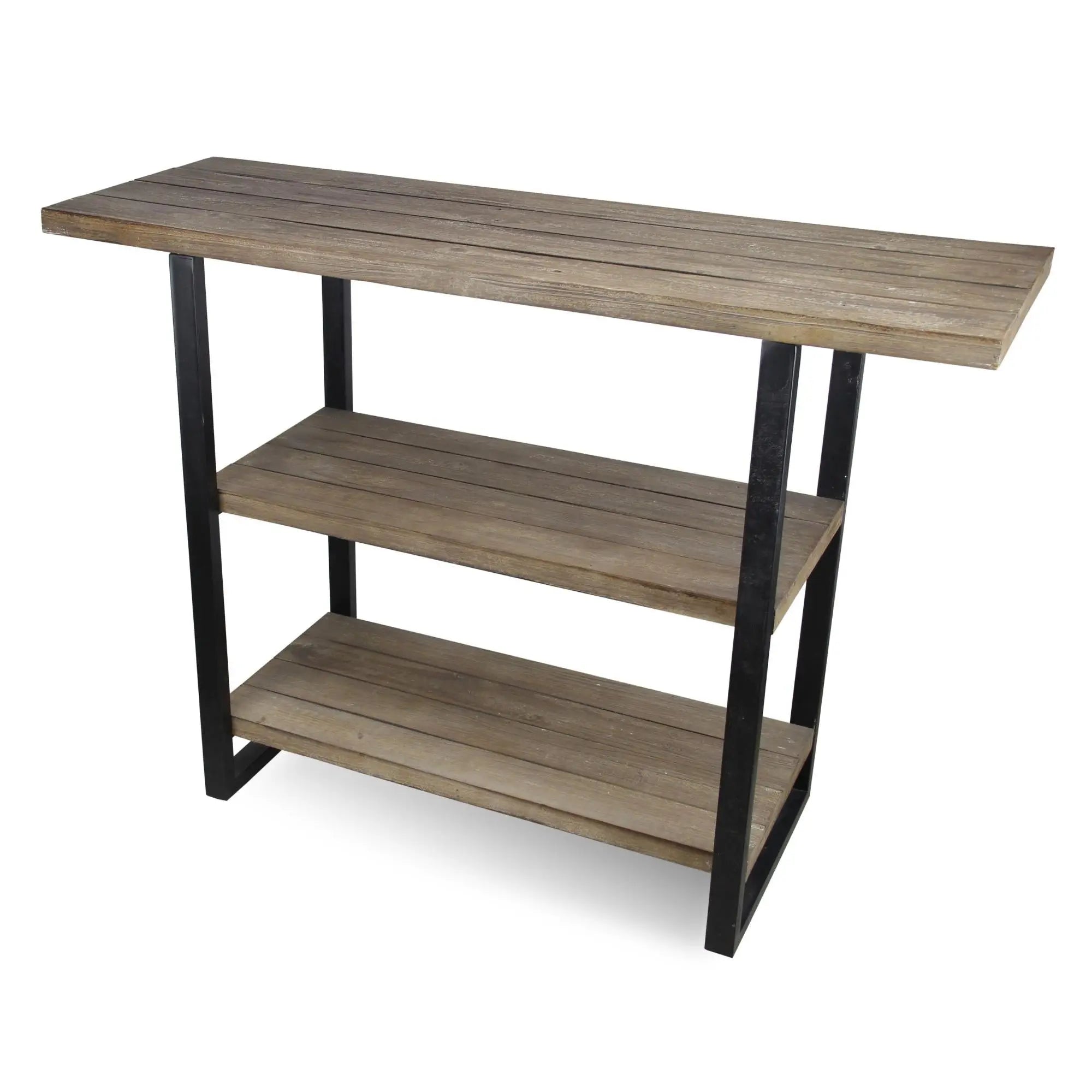 47" Brown and Black Wood and Metal Distressed Console Table With Two Shelves Homeroots Living Room