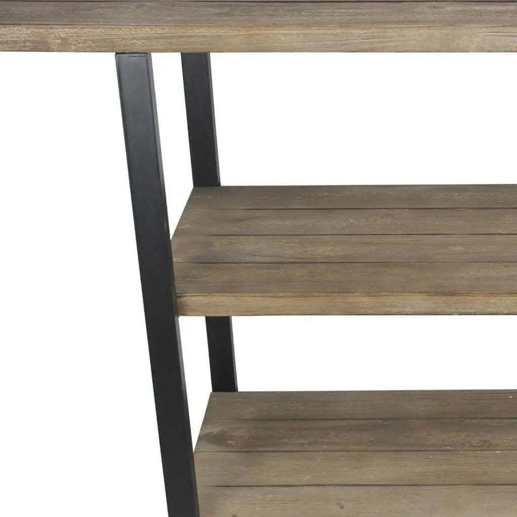 47" Brown and Black Wood and Metal Distressed Console Table With Two Shelves Homeroots Living Room