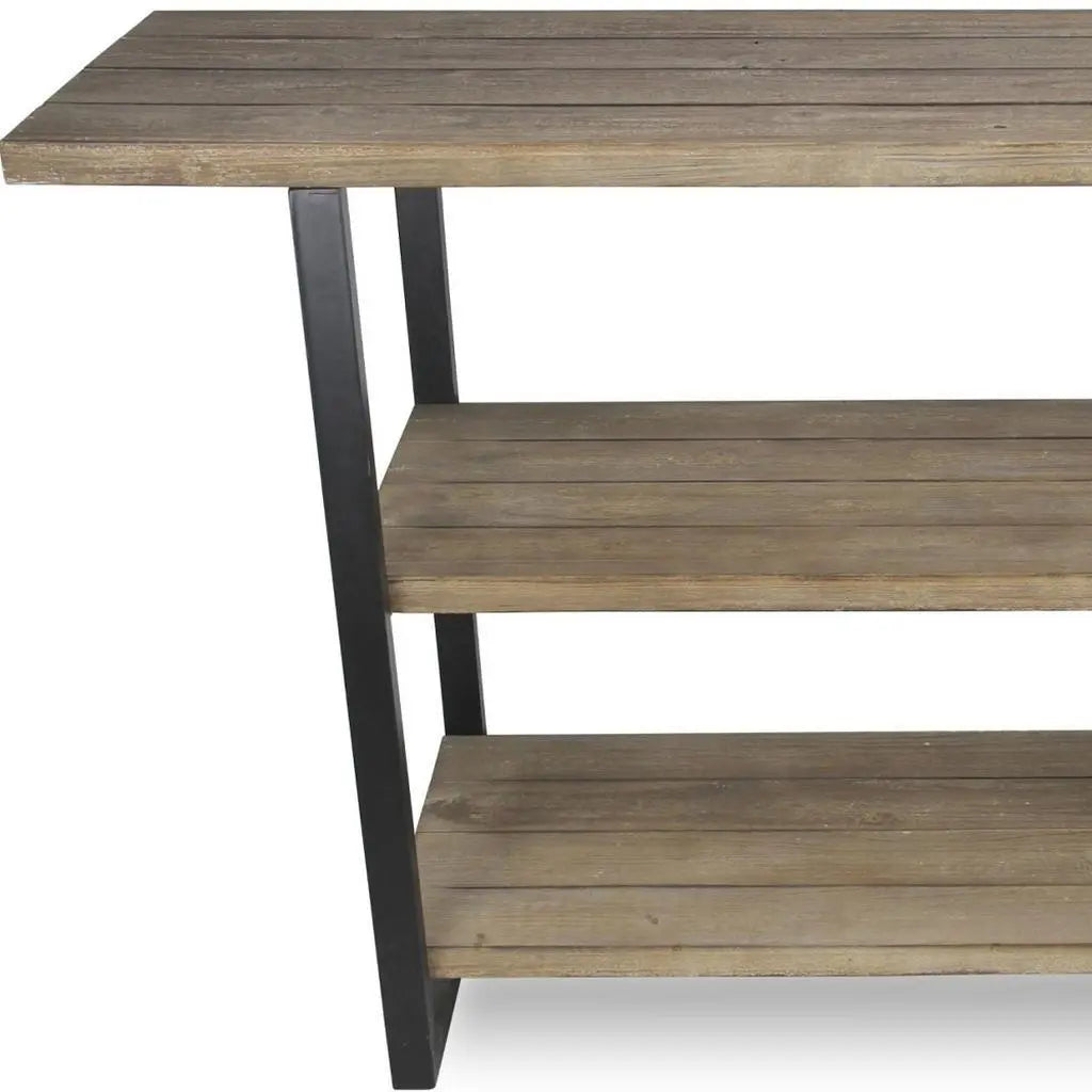 47" Brown and Black Wood and Metal Distressed Console Table With Two Shelves Homeroots Living Room
