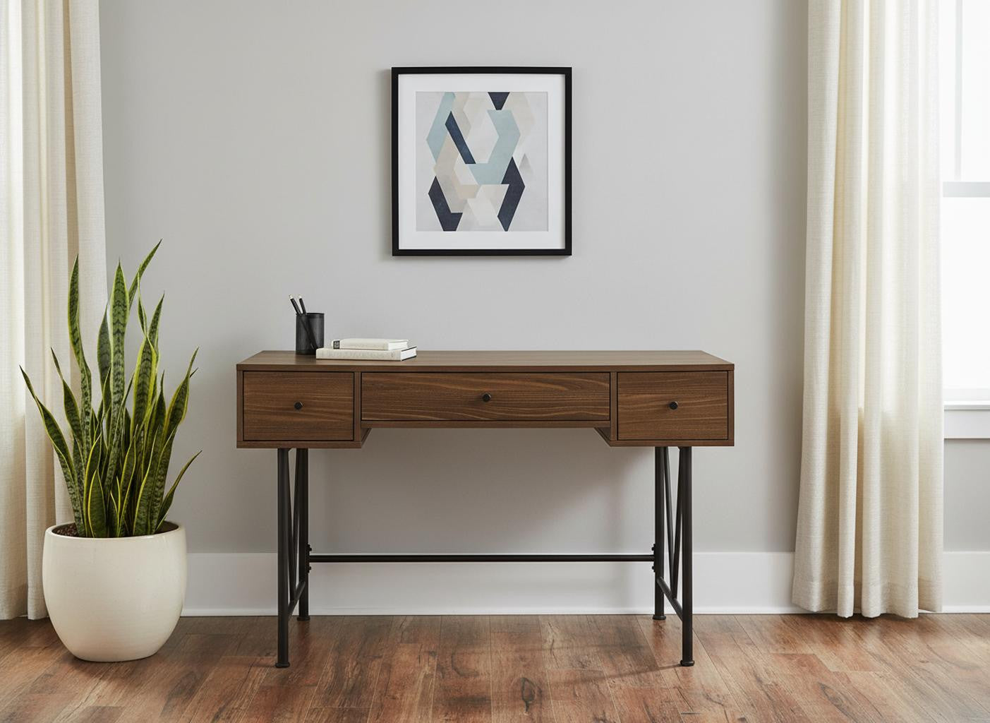 47" Brown and Black Wood and Metal Sled Computer Desk With Three Drawers Homeroots Office