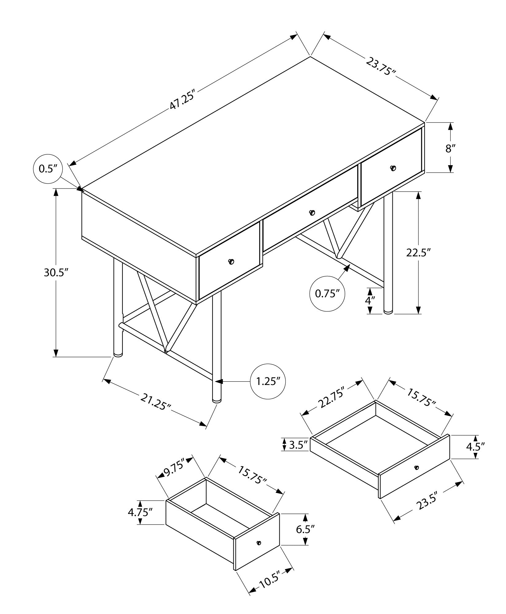 47" Brown and Black Wood and Metal Sled Computer Desk With Three Drawers Homeroots Office