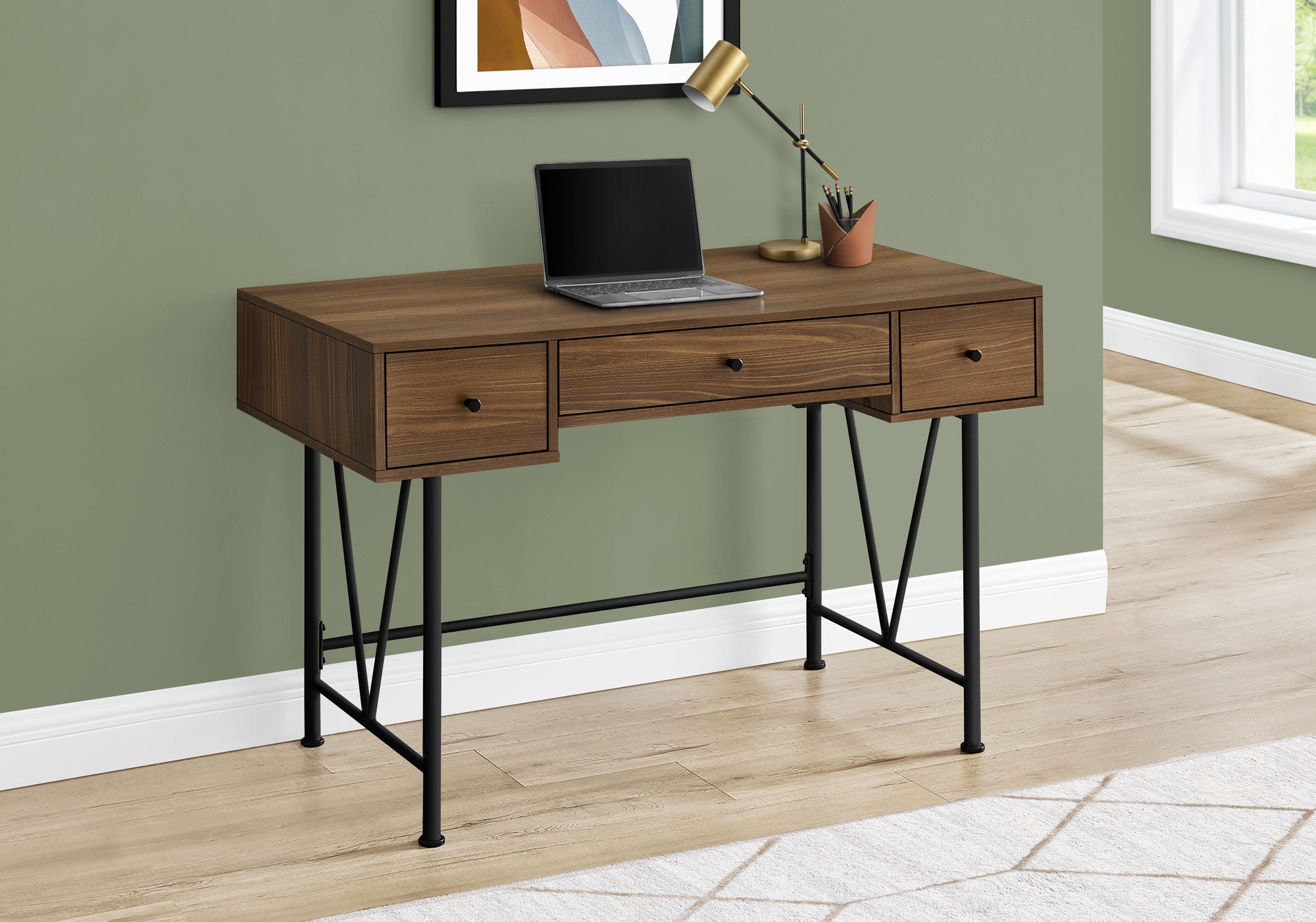 47" Brown and Black Wood and Metal Sled Computer Desk With Three Drawers Homeroots Office