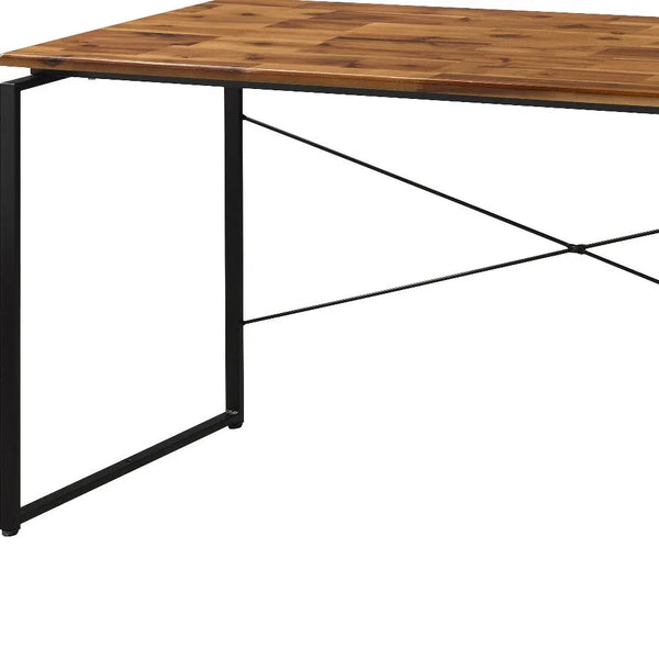 Modern rectangular dining table with a walnut wood top and black metal legs, featuring a stylish geometric design.