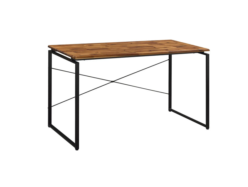 Modern industrial desk with a rustic oak top and black metal frame, ideal for home office or study.