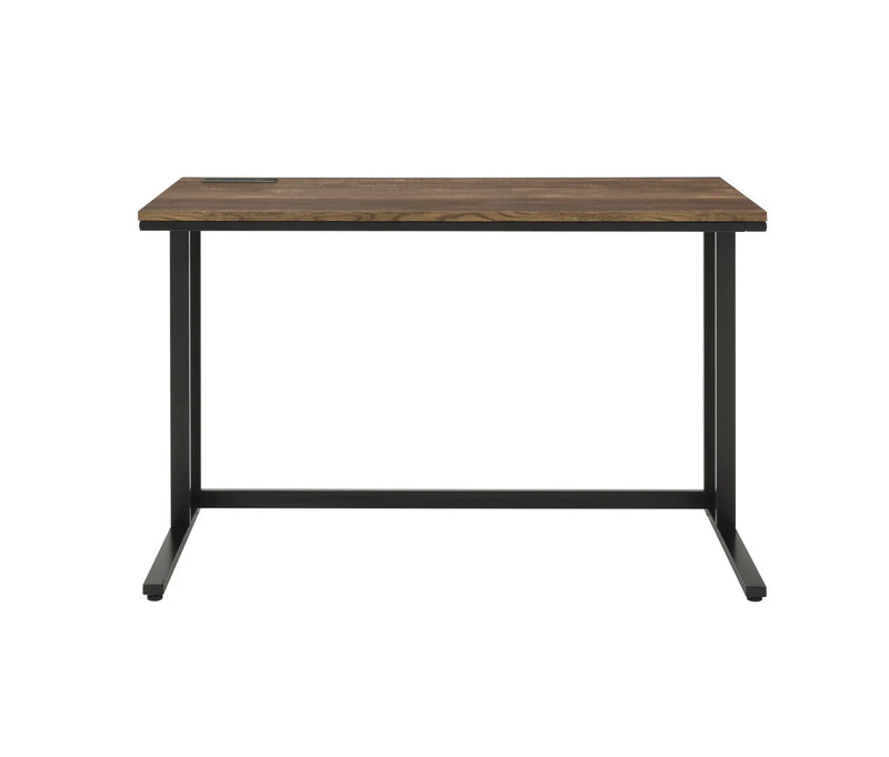 Wooden modern desk with a rustic brown finish and black metal frame, ideal for home or office use.