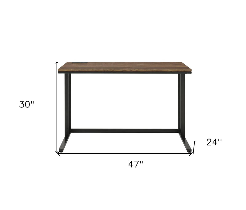 Wooden desk with a rustic brown finish and black metal legs, measuring 47"x24"x30". Perfect for home offices.
