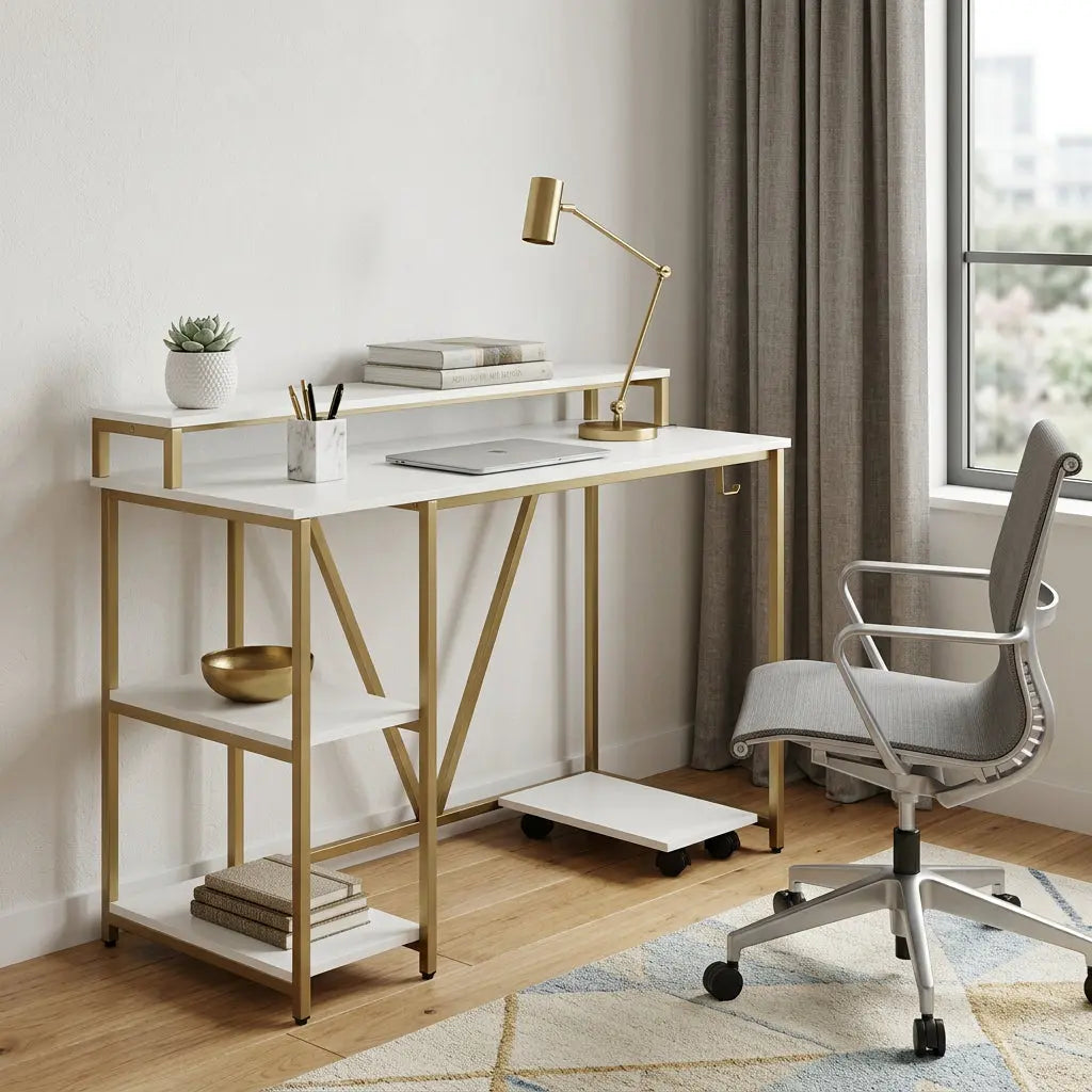 47" Gold and White Wood and Stainless Steel Computer Desk Homeroots