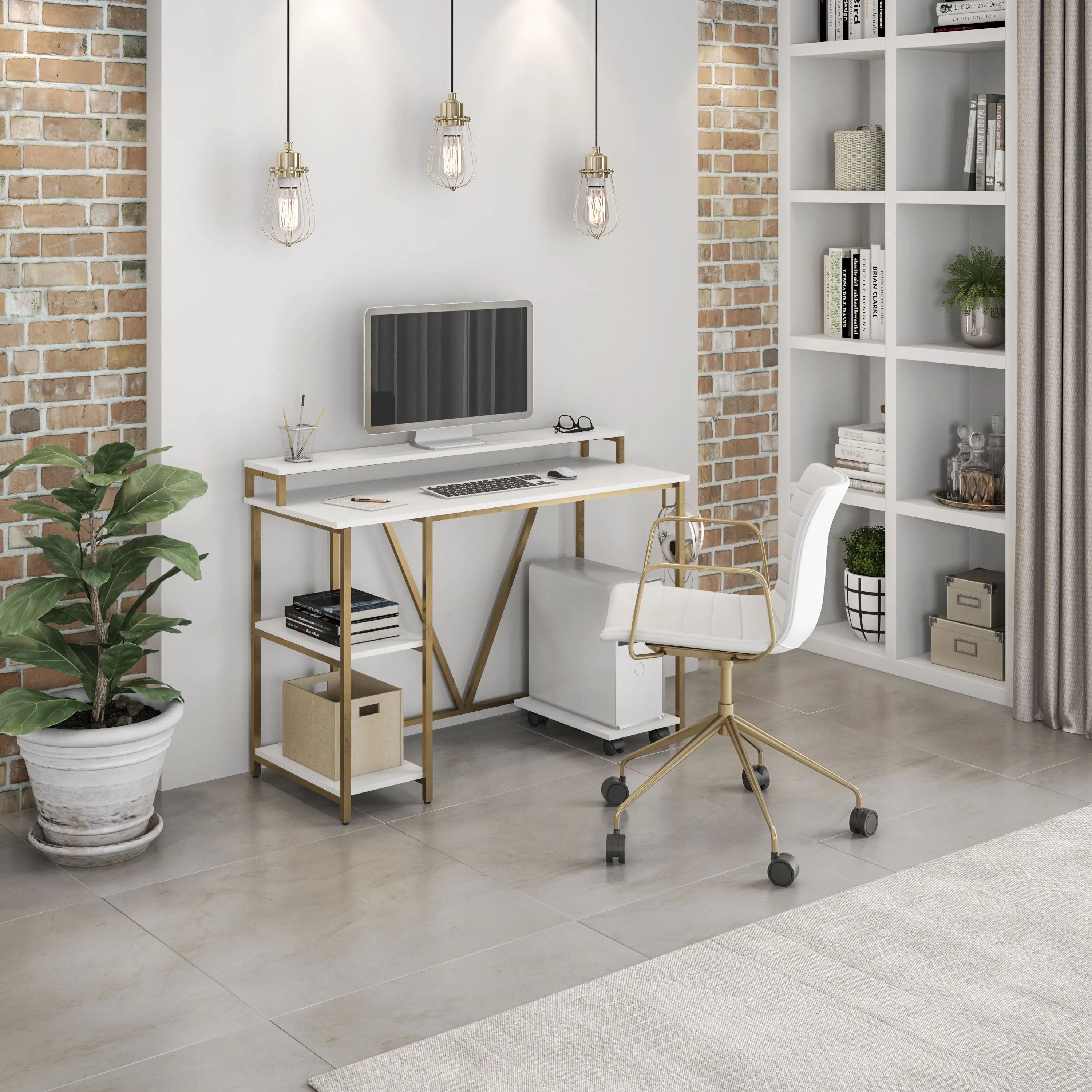 47" Gold and White Wood and Stainless Steel Computer Desk Homeroots