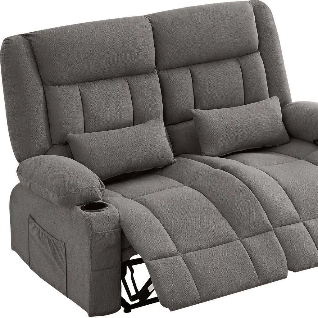 47" Gray Microfiber Manual Reclining Loveseat With Storage and Toss Pillows Homeroots Living Room