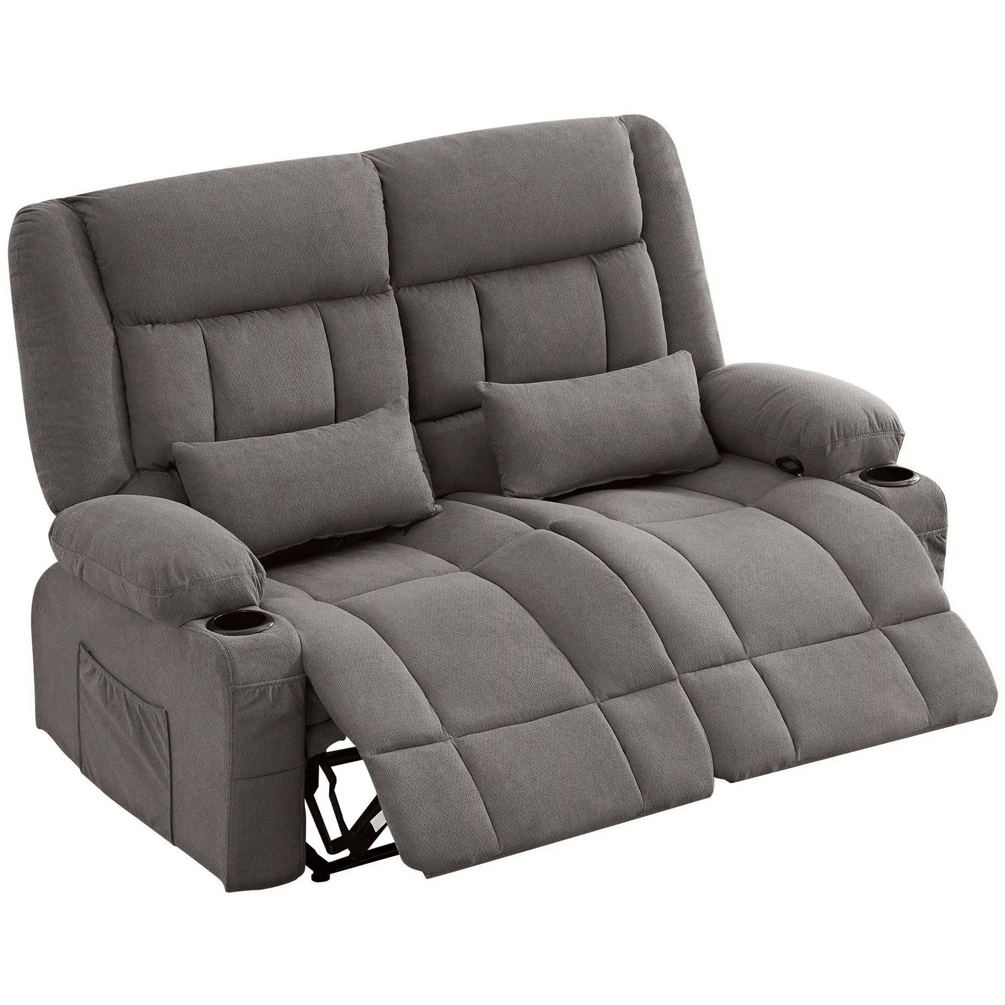 47" Gray Microfiber Manual Reclining Loveseat With Storage and Toss Pillows Homeroots Living Room
