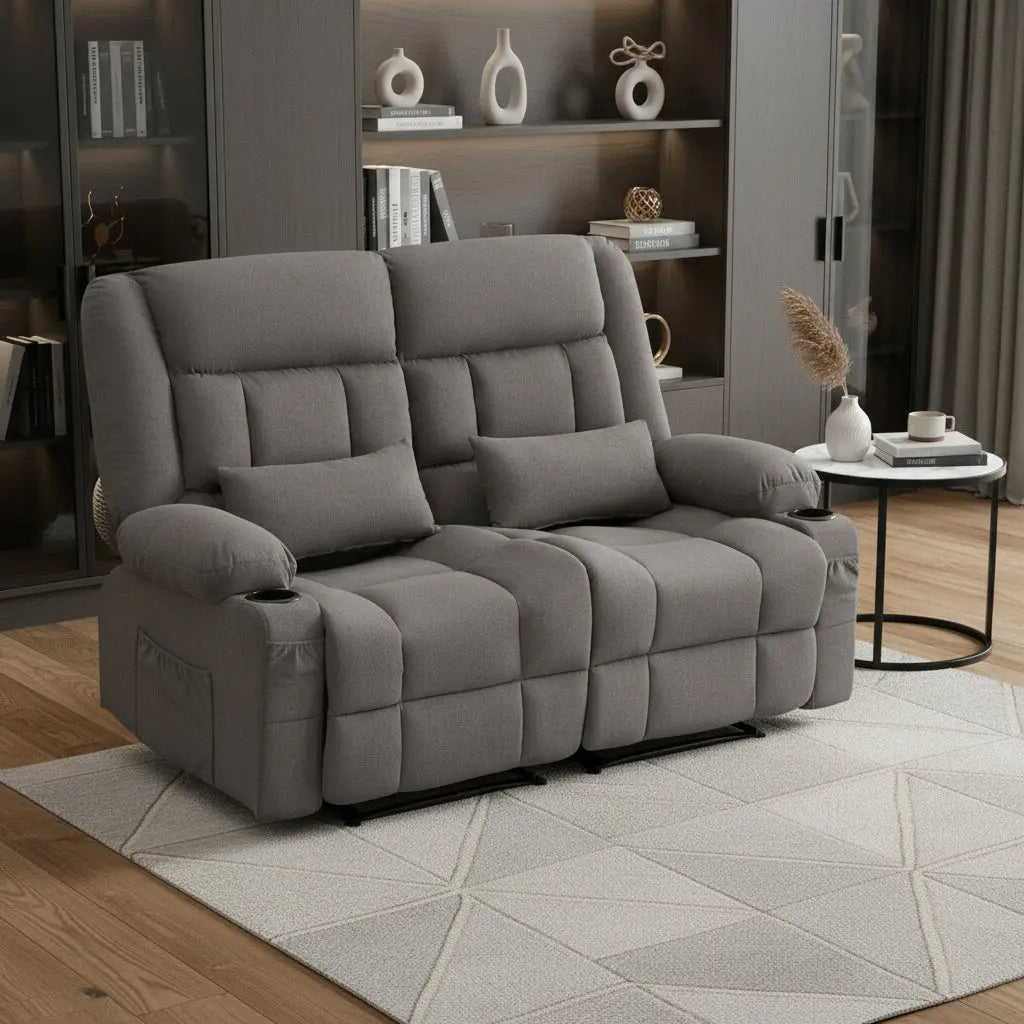 47" Gray Microfiber Manual Reclining Loveseat With Storage and Toss Pillows Homeroots Living Room