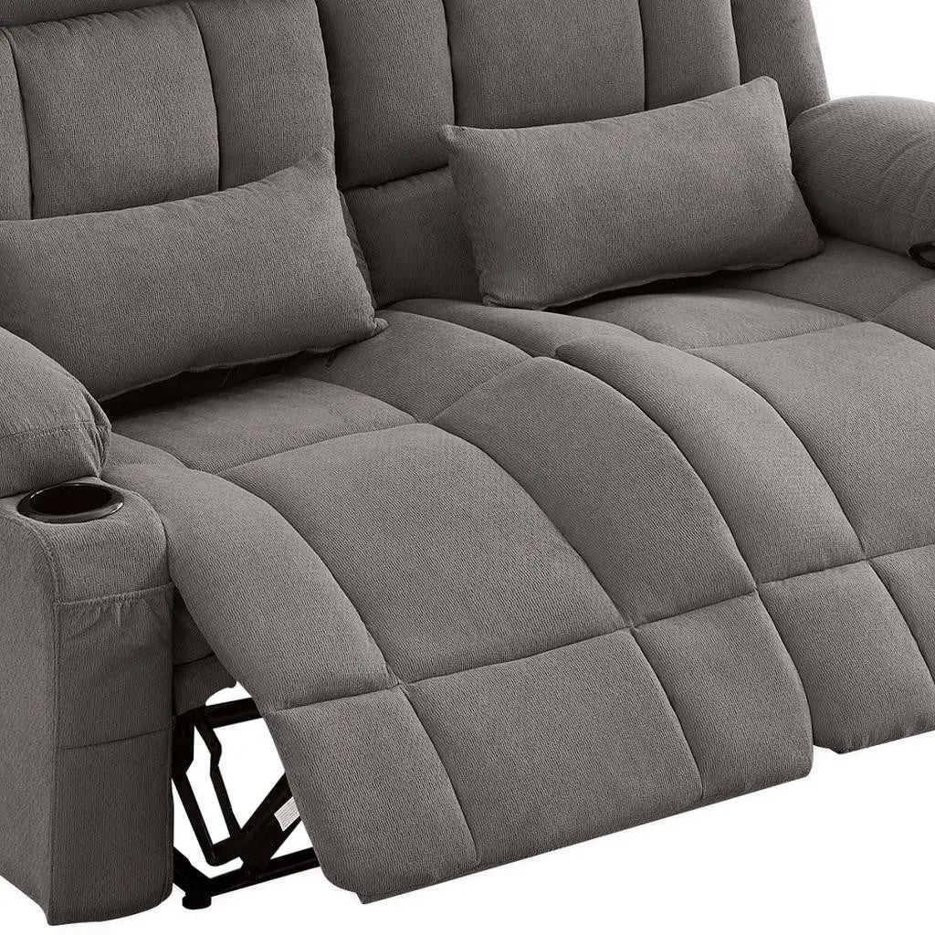47" Gray Microfiber Manual Reclining Loveseat With Storage and Toss Pillows Homeroots Living Room