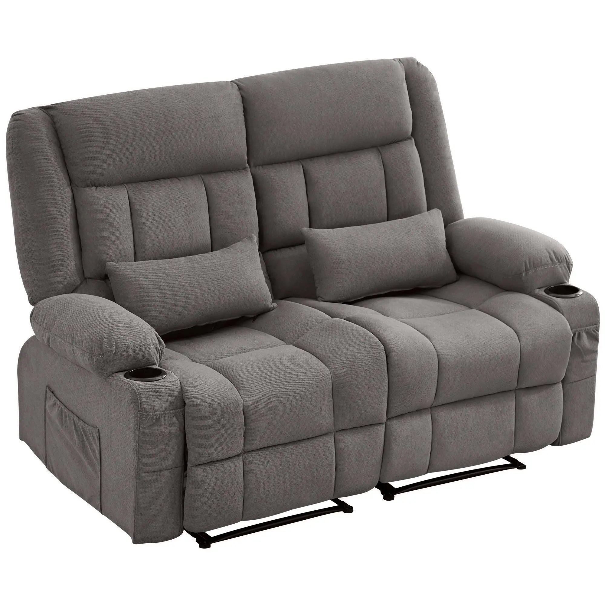 47" Gray Microfiber Manual Reclining Loveseat With Storage and Toss Pillows Homeroots Living Room