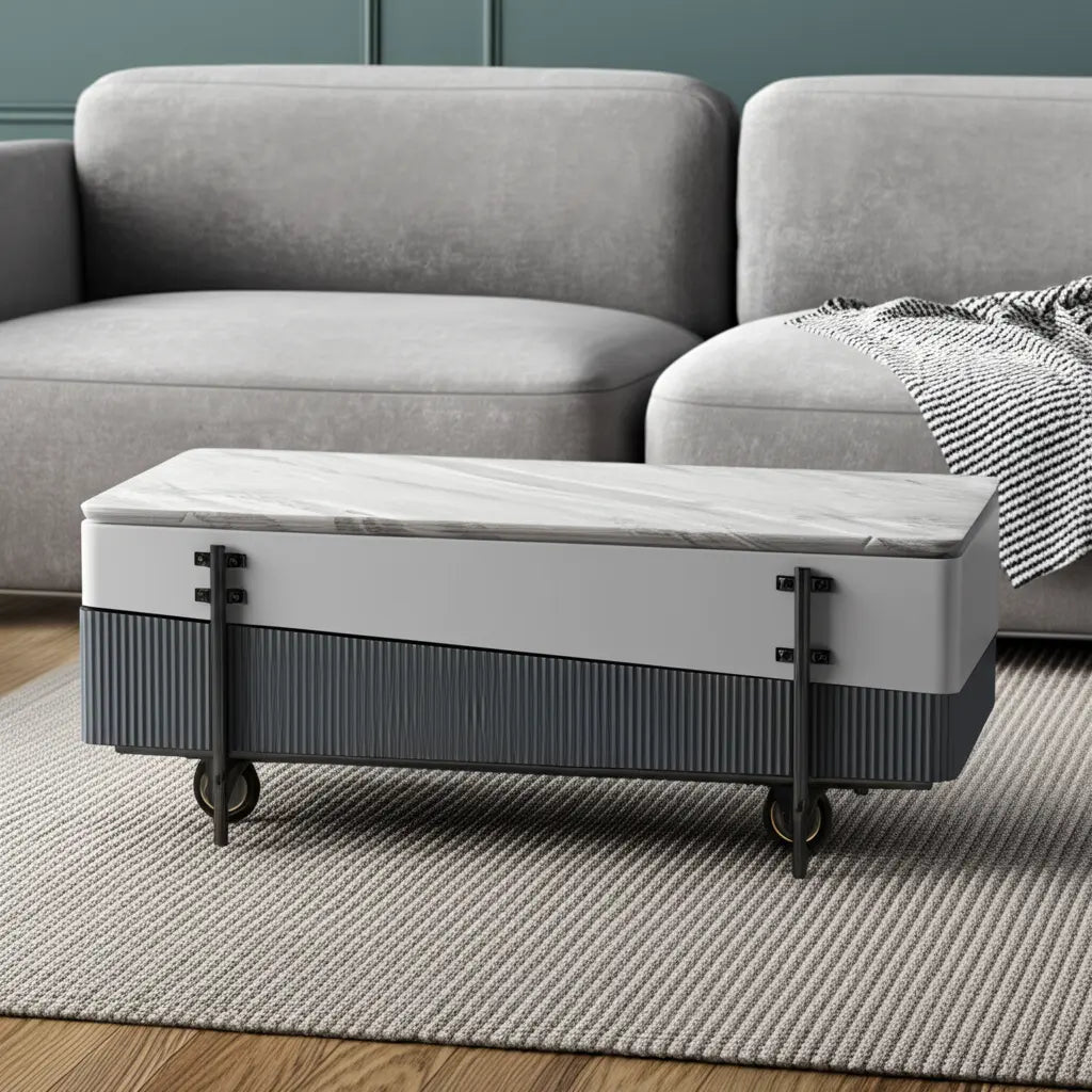 47" Gray White and Black Faux Marble Wood and Steel Lift Top Coffee Table Homeroots Living Room
