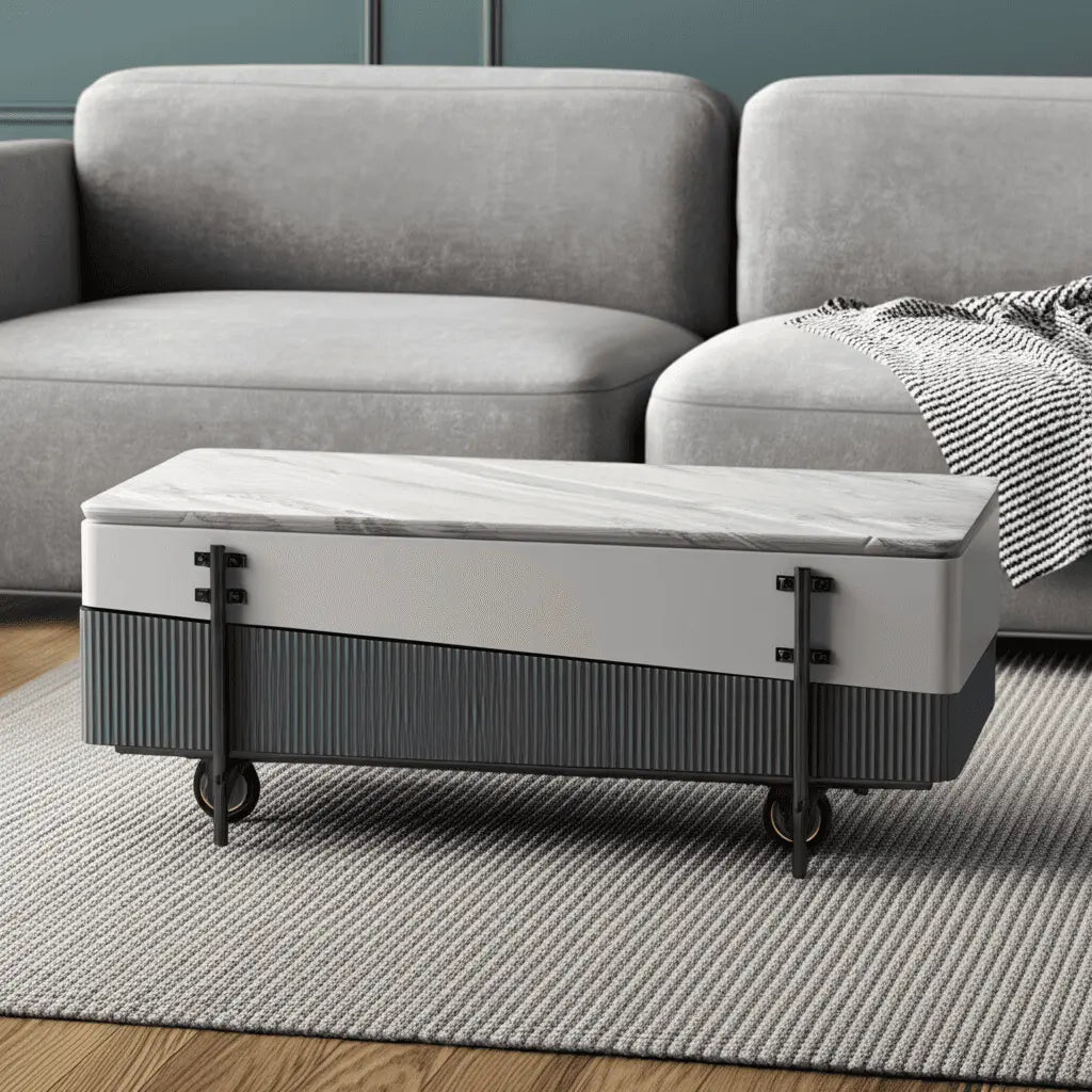 47" Gray White and Black Faux Marble Wood and Steel Lift Top Coffee Table Homeroots Living Room