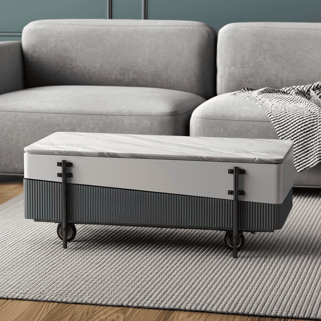 47" Gray White and Black Faux Marble Wood and Steel Lift Top Coffee Table Homeroots Living Room