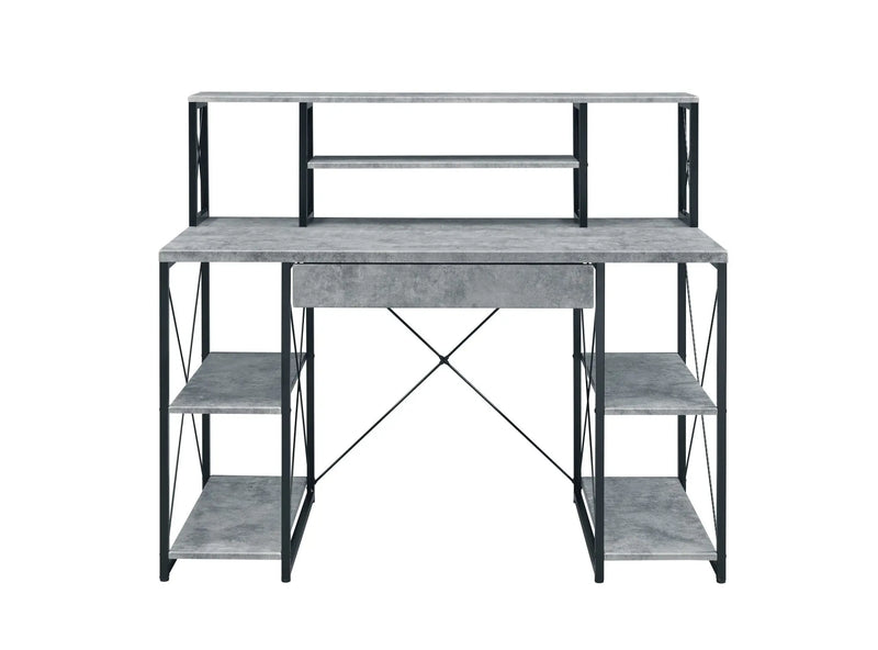 Industrial-style gray desk with metal frame, featuring multiple shelves and a central drawer for storage.