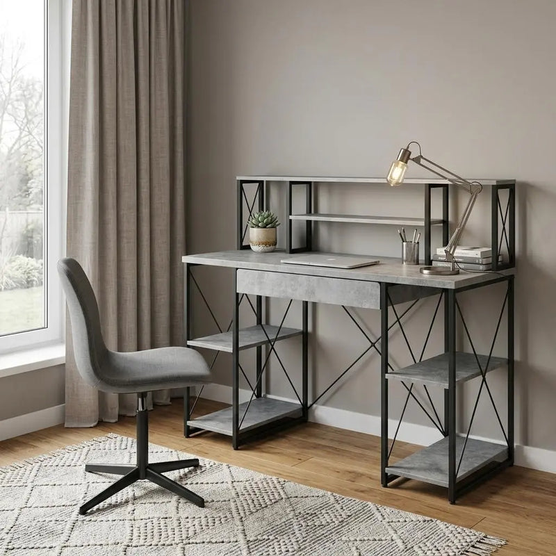 Modern gray concrete desk with black metal frame and open shelves, paired with a stylish gray swivel chair.