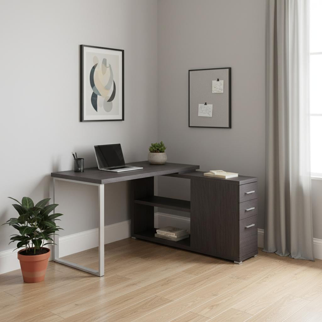 47" Gray and Silver L Shape Computer Desk With Three Drawers - GreatEagleInc