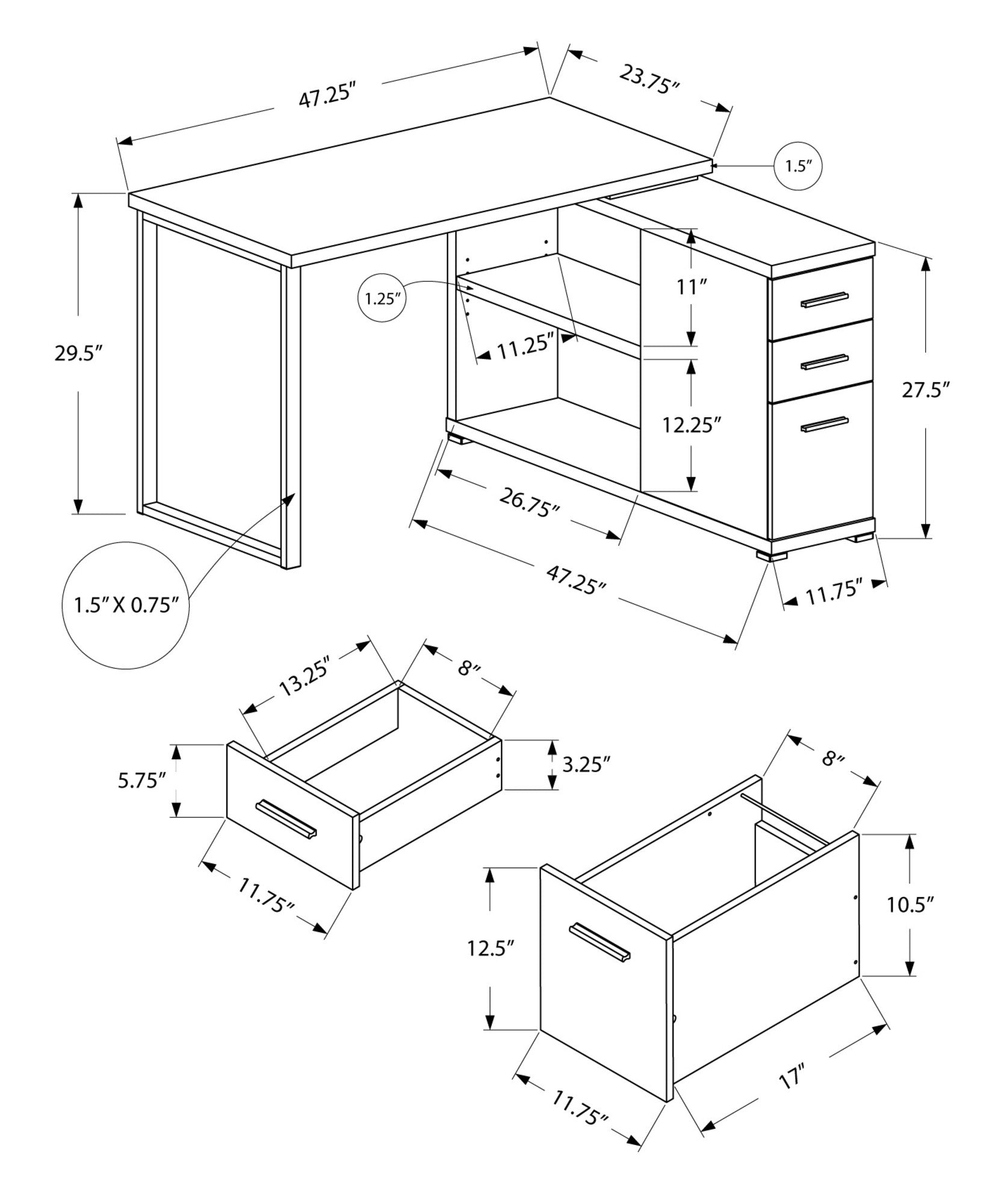 47" Gray and Silver L Shape Computer Desk With Three Drawers - GreatEagleInc