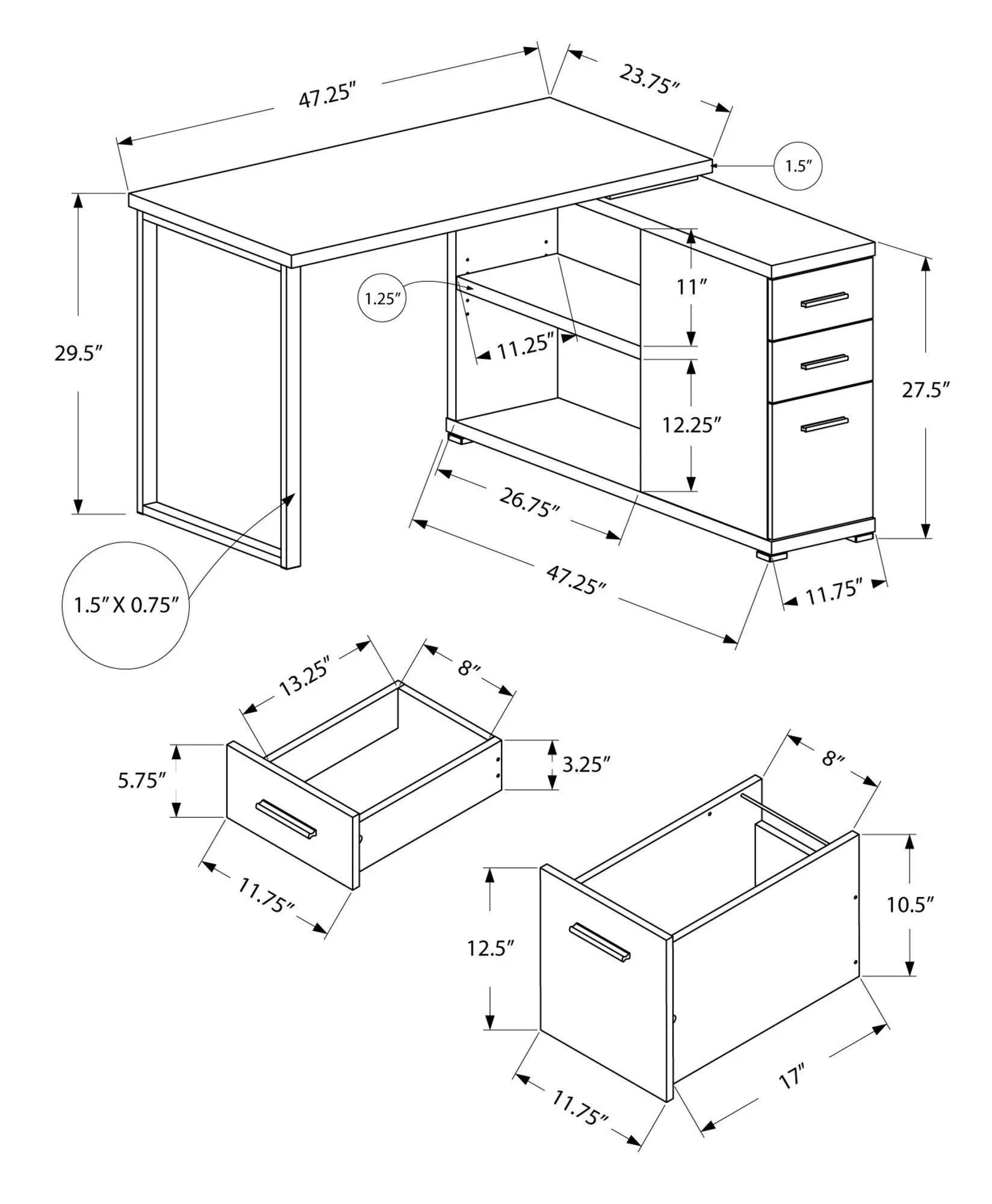 47" Gray and Silver L Shape Computer Desk With Three Drawers - GreatEagleInc