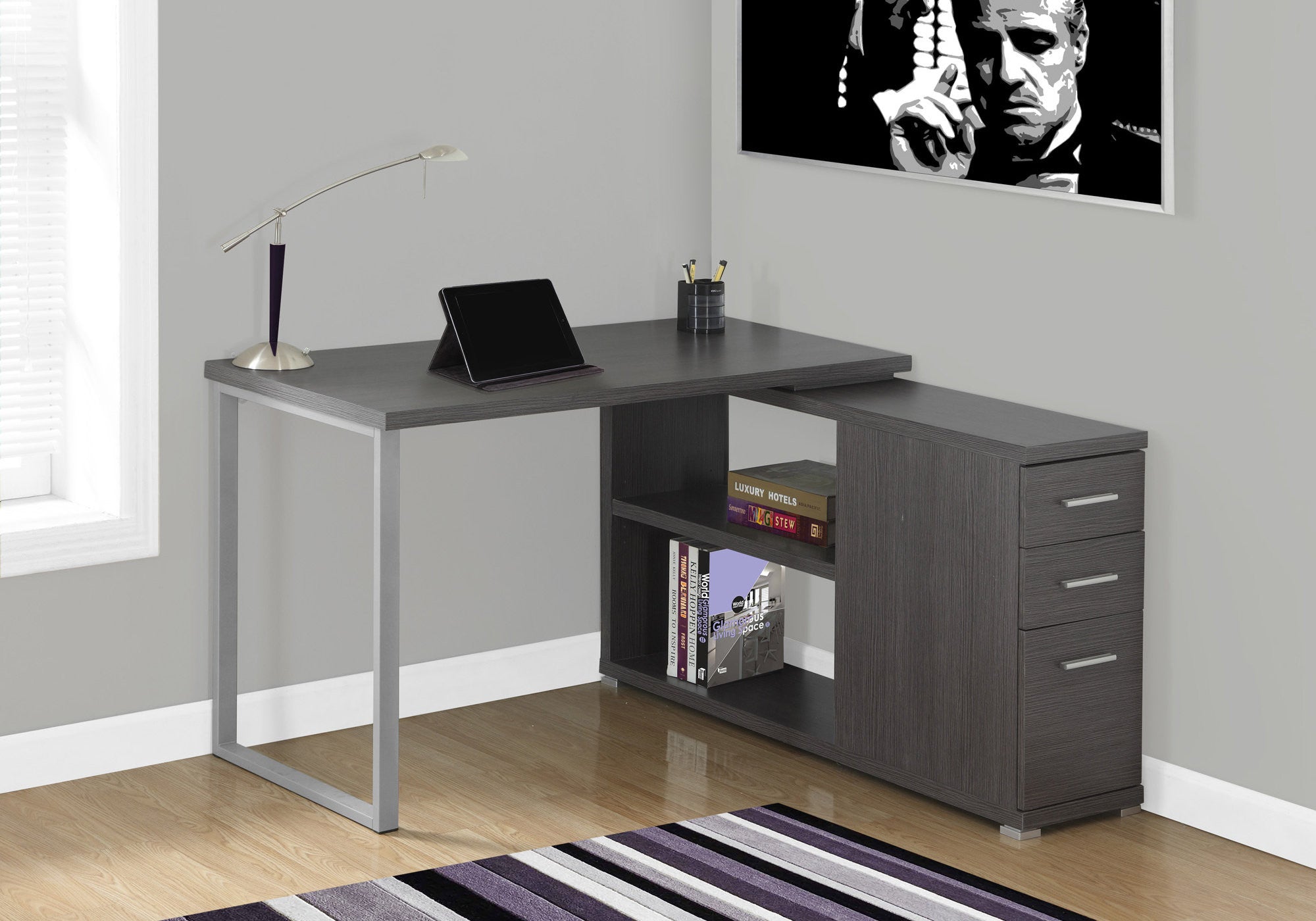 47" Gray and Silver L Shape Computer Desk With Three Drawers - GreatEagleInc