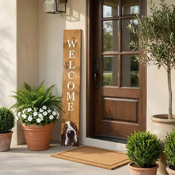 47" Natural And White Solid Wood Basset Hound Welcome Porch Sign Homeroots Outdoor