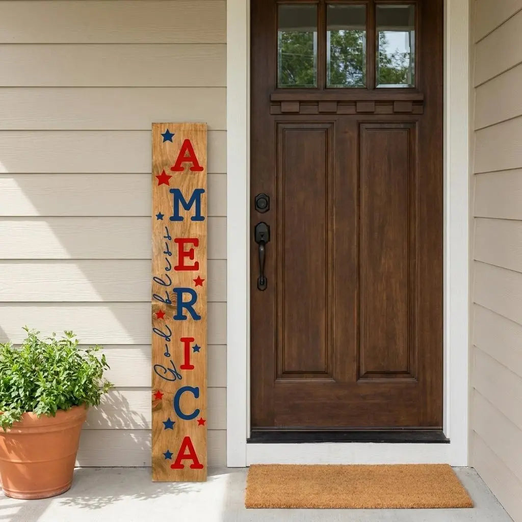 47" Natural Red And Blue Solid Wood God Bless America Porch Sign Homeroots Outdoor