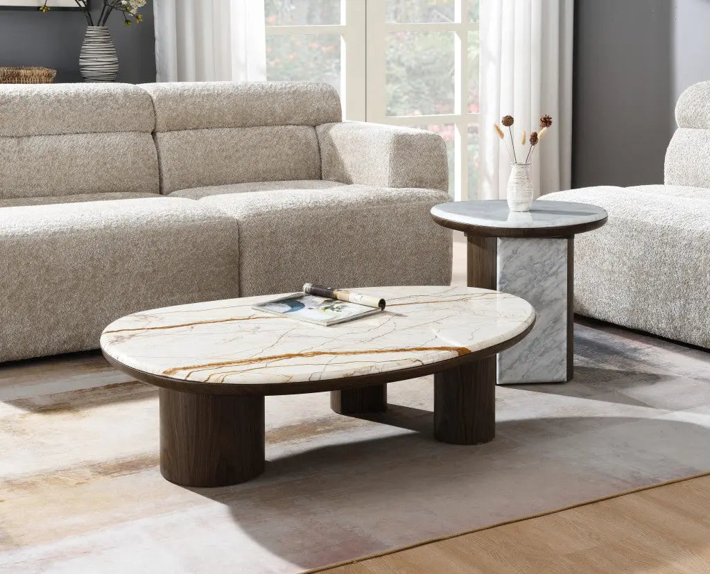 47" Natural and Brown Genuine Marble and Wood Oval Coffee Table Homeroots Living Room