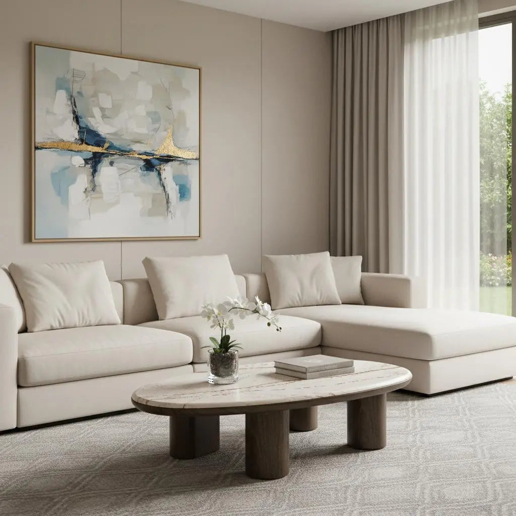 47" Natural and Brown Genuine Marble and Wood Oval Coffee Table Homeroots Living Room