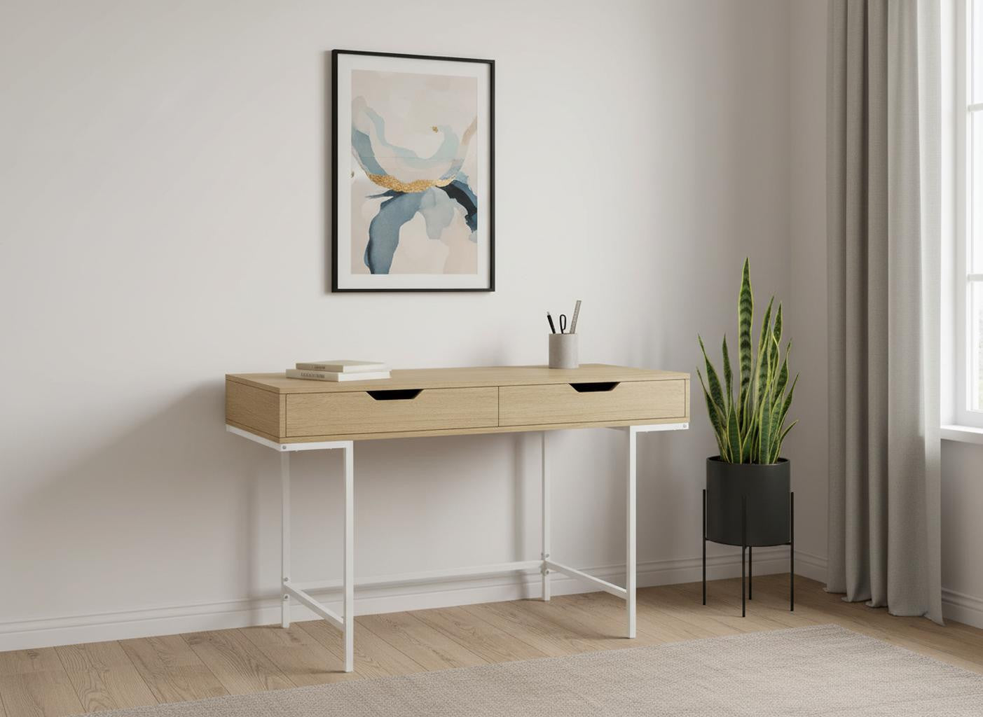 47" Natural and White Wood and Metal H-Shape Computer Desk With Two Drawers Homeroots Office